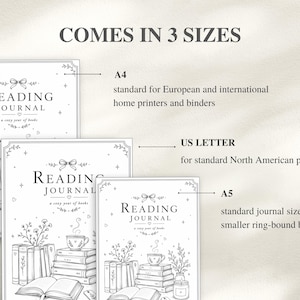 Three black and white Reading Journals in A4, US Letter, and A5 sizes. The journals have a floral and book design with the text "Reading Journal" and "a cozy year of books".