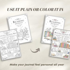 Two reading journals and two monthly reading maps are displayed. The text on the journals reads "Reading Journal" and "a cozy year of books". The text on the maps reads "Monthly Reading Map". The text "Use it plain or colour it in" and "Make your journal feel personal all year" are also visible.