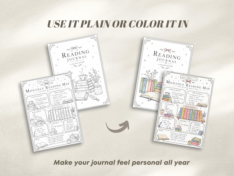 Two reading journals and two monthly reading maps are displayed. The text on the journals reads "Reading Journal" and "a cozy year of books". The text on the maps reads "Monthly Reading Map". The text "Use it plain or colour it in" and "Make your journal feel personal all year" are also visible.