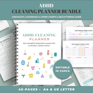 Pacchetto stampabile per la pianificazione delle pulizie per persone con ADHD, lista di controllo e programma delle pulizie, tabella delle faccende domestiche per adulti, modello Canva modificabile