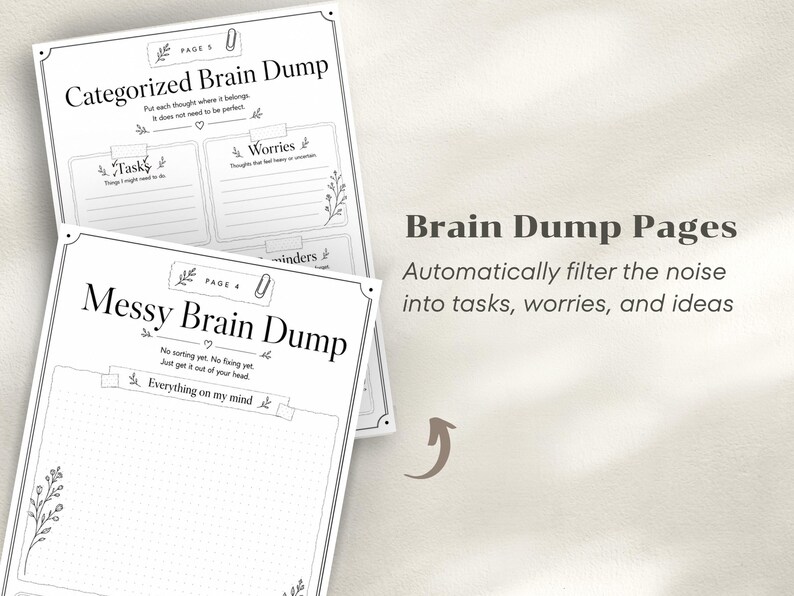 May include: Two black and white brain dump pages with the text "Categorized Brain Dump" and "Messy Brain Dump". The pages include sections for tasks, worries, and ideas. The text "Brain Dump Pages" and "Automatically filter the noise into tasks, worries, and ideas" are also visible.