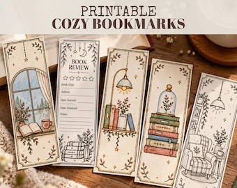 May include: Five rectangular paper bookmarks featuring illustrations of cozy reading scenes, including a window view, a book review template, a lamp with books, a stack of books under a glass dome, and a reading chair with a hanging lamp.