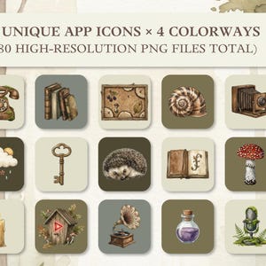 May include: A collection of 70 unique app icons in 4 colorways, totaling 280 high-resolution PNG files. The icons feature watercolor-style illustrations of nature and vintage objects, including a telephone, books, snail, camera, cloud, key, hedgehog, open book, mushroom, candle, birdhouse, gramophone, potion bottle, and microphone.