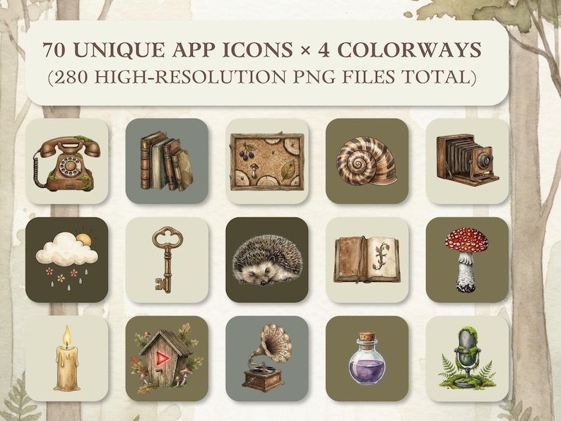 May include: A collection of 70 unique app icons in 4 colorways, totaling 280 high-resolution PNG files. The icons feature watercolor-style illustrations of nature and vintage objects, including a telephone, books, snail, camera, cloud, key, hedgehog, open book, mushroom, candle, birdhouse, gramophone, potion bottle, and microphone.