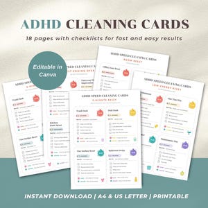 ADHD Reinigungskarten, druckbare tägliche Routine-Checkliste, Aufgabentabelle für Erwachsene, bearbeitbar in Canva
