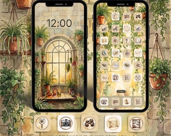 Beige Botanical App Icons | Watercolor Phone Wallpapers for iOS & Android | Cottagecore Icon Pack