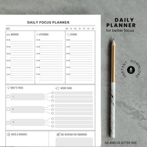Dagelijkse focusplanner | Taakverdeling en mindmap (afdrukbaar, A4 en US Letter)