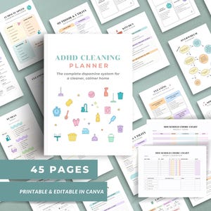 Peut inclure: Un planificateur de nettoyage pour le TDAH avec 45 pages, avec une couverture avec des icônes de nettoyage. Les pages environnantes affichent des tableaux et des listes de contrôle pour diverses tâches de nettoyage. Le texte comprend "Printable & Editable in Canva."