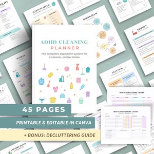 ADHD Cleaning Planner Bundle Printable, Declutter Checklist Chore Chart, Editable Canva Template