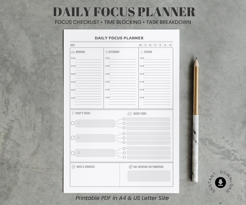 Daily focus planner printable PDF with time blocking, task breakdown, focus checklist, daily schedule, micro tasks, notes section, and A4 plus US Letter sizes for ADHD-friendly planning and better focus.