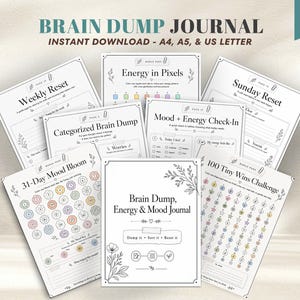 Digital Brain Dump Journal for executive function support. A botanical-themed printable planner featuring energy and mood trackers, a 31-day mood bloom, Sunday reset spreads, and a 100 tiny wins challenge. Includes A4, A5, and US Letter PDF sizes for ADHD-friendly daily organization.