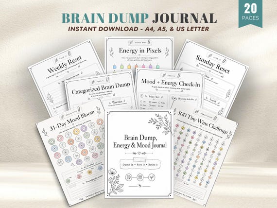 Brain Dump Journal, ADHD Mood & Energy Tracker, Cottagecore Dopamine Planner, Weekly Reset Bundle