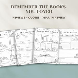 Four monochrome book review pages with the text "REMEMBER THE BOOKS YOU LOVED" and "REVIEWS • QUOTES • YEAR IN REVIEW". The pages include spaces for reviews, quotes, and a year in review.