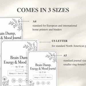 May include: White journals with the text "Brain Dump, Energy & Mood Journal" in three sizes: A4, US Letter, and A5. Each journal features floral corner designs and the phrase "Dump it &bull; Sort it &bull; Reset it."