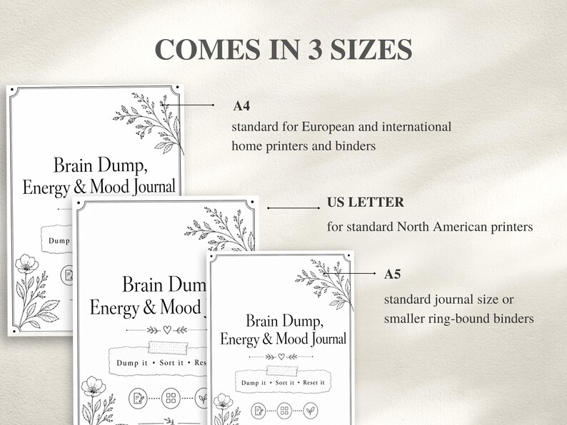 May include: White journals with the text "Brain Dump, Energy & Mood Journal" in three sizes: A4, US Letter, and A5. Each journal features floral corner designs and the phrase "Dump it &bull; Sort it &bull; Reset it."