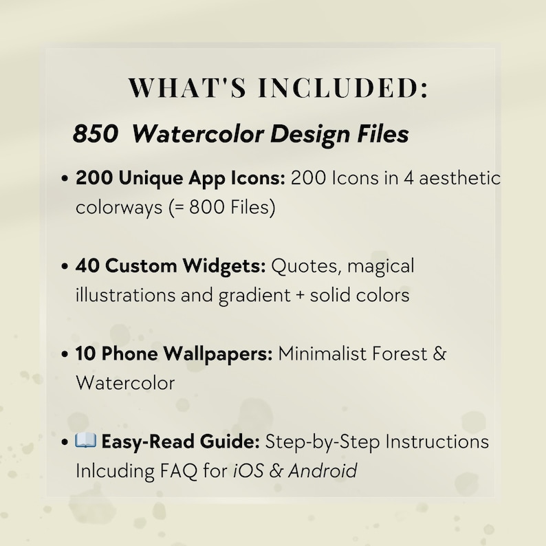 A digital product image with the text "WHAT'S INCLUDED:" followed by a list. The list includes 850 Watercolor Design Files, 200 Unique App Icons, 40 Custom Widgets, 10 Phone Wallpapers, and an Easy-Read Guide.