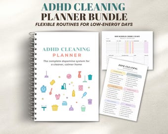 May include: A spiral-bound ADHD Cleaning Planner with a white cover featuring colorful cleaning icons and the text ADHD CLEANING PLANNER. Includes a Household Chore Chart and a Zone Cleaning Schedule with checklists for various home areas.