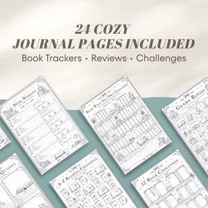 A set of journal pages with the text "24 Cozy Journal Pages Included." The pages feature book trackers, reviews, and challenges. The pages are white with black line drawings and text, set against a teal backdrop.