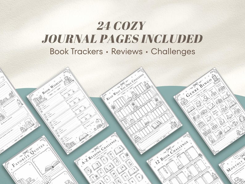 A set of journal pages with the text "24 Cozy Journal Pages Included." The pages feature book trackers, reviews, and challenges. The pages are white with black line drawings and text, set against a teal backdrop.