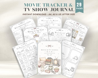Movie Tracker & TV Show Journal Printable, Review Log, Watchlists, Challenges PDF