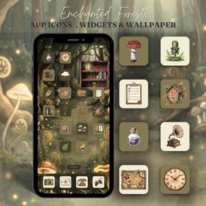May include: A smartphone screen showcases an "Enchanted Forest" theme with custom app icons, widgets, and wallpaper. The design includes a forest scene with mushrooms, a bookshelf, and other whimsical elements. The app icons are square and feature illustrations.