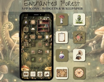 Enchanted Forest App Icons Pack, Cottagecore Phone Theme for iOS & Android with Botanical Wallpaper