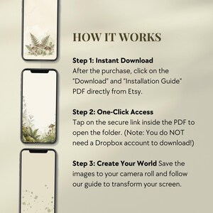 Three smartphones displaying nature-themed digital art. The image includes text that reads "HOW IT WORKS" and instructions for downloading and accessing the digital art files. The background is a soft, neutral color.