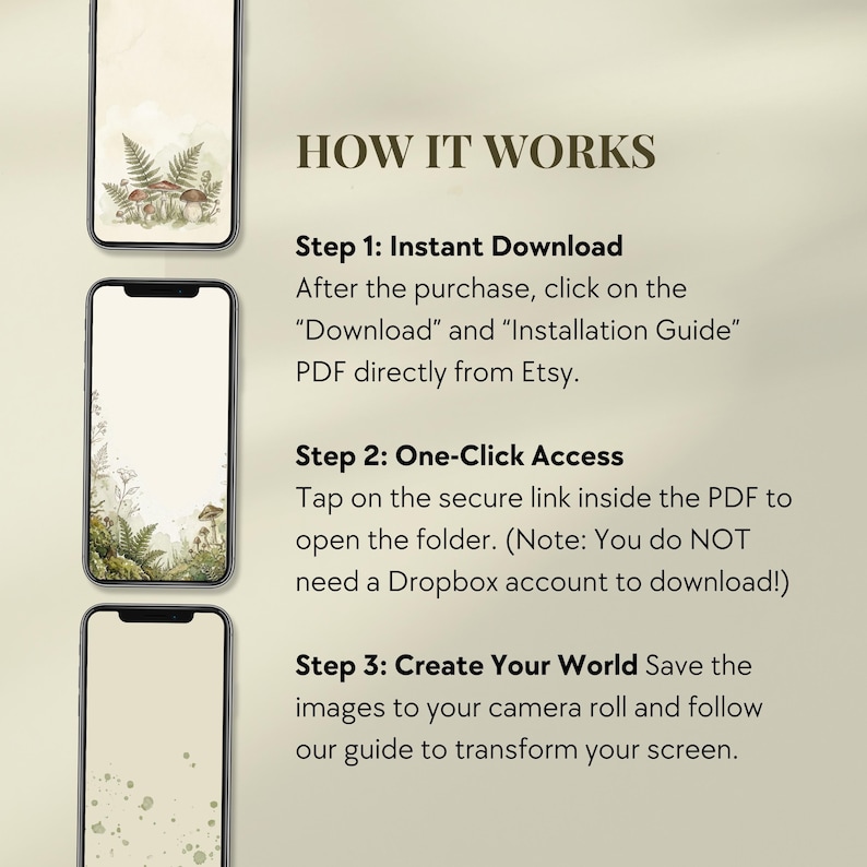 Three smartphones displaying nature-themed digital art. The image includes text that reads "HOW IT WORKS" and instructions for downloading and accessing the digital art files. The background is a soft, neutral color.