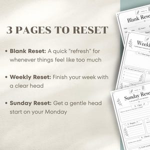 May include: Three-page reset planner with the titles "Blank Reset Page", "Weekly Reset", and "Sunday Reset". The pages are white with black text and floral accents. The text includes instructions for each reset.