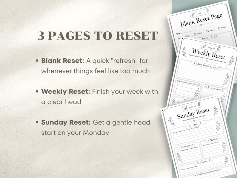 May include: Three-page reset planner with the titles "Blank Reset Page", "Weekly Reset", and "Sunday Reset". The pages are white with black text and floral accents. The text includes instructions for each reset.