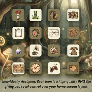 May include: A set of sixteen square digital icons featuring illustrations of a mushroom, microphone, books, camera, clipboard, birdhouse, envelope, gear, potion bottle, gramophone, snail shell, rotary phone, map, clock, pinecones, and a wooden frame.
