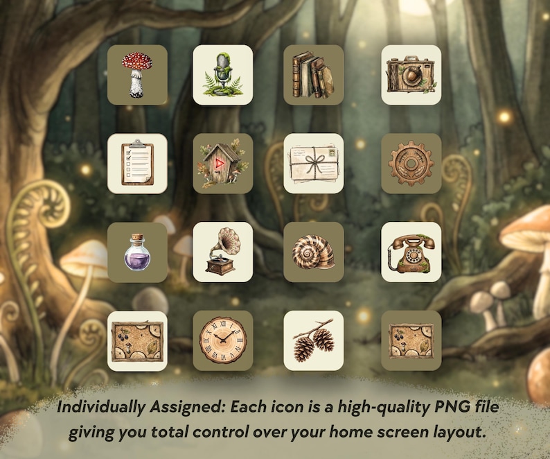 May include: A set of sixteen square digital icons featuring illustrations of a mushroom, microphone, books, camera, clipboard, birdhouse, envelope, gear, potion bottle, gramophone, snail shell, rotary phone, map, clock, pinecones, and a wooden frame.