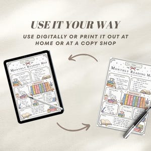 An illustration of a "Monthly Reading Map" on a digital tablet and a printed sheet, featuring book illustrations and text. The text reads "Use it your way" and "Use digitally or print it out at home or at a copy shop."