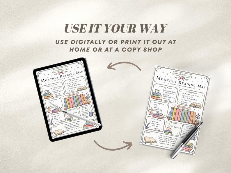 An illustration of a "Monthly Reading Map" on a digital tablet and a printed sheet, featuring book illustrations and text. The text reads "Use it your way" and "Use digitally or print it out at home or at a copy shop."