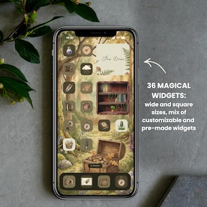 May include: A smartphone displaying a forest-themed digital interface with earthy green and brown icons, a wooden bookshelf widget, a treasure chest graphic, and a square widget featuring the text Slow Down, alongside 36 magical widgets text.