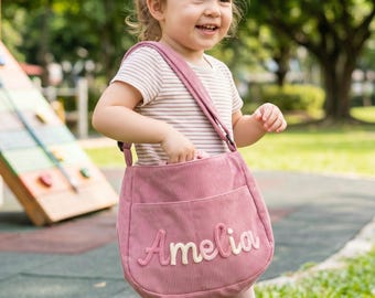 Personalized Toddler Crossbody Bag, Custom Name Kids Daycare Bag, Corduroy Preschool Messenger Satchel, Back to School Gift for Girls Boys