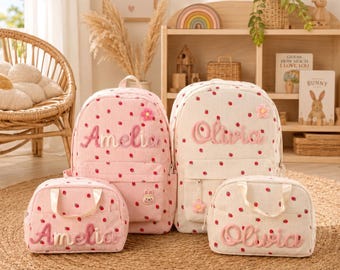 Set di 3 zaini personalizzati per bambini: zaino scolastico personalizzato, borsa termica per il pranzo e astuccio / Regalo per il ritorno a scuola con monogramma