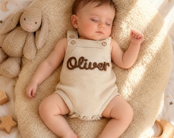 Personalized Hand Embroidered Baby Romper Set | Custom Name Organic Cotton Knit Outfit | Gender Neutral Newborn Coming Home Gift