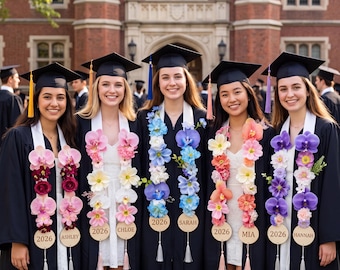 Étole de remise des diplômes florale personnalisée et collier 2026 | Écharpe personnalisée classe 2026 | Accessoire photo senior | Cadeau de remise des diplômes fait main pour elle
