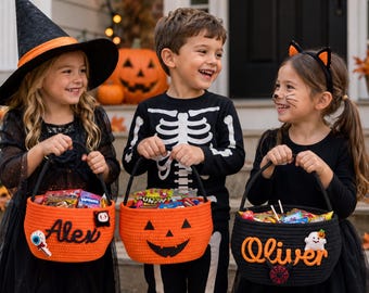 Panier d'Halloween personnalisé, seau à bonbons brodé avec nom pour enfants, motif citrouille et fantôme 2026