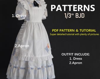 Moldes para costura de boneca BJD 1/3: Vestido e Avental (molde em PDF e tutorial)
