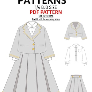 May include: Illustration of a PDF pattern for a 1/4 BJD size outfit. The design includes a gray blazer with gold trim, a white collared shirt, and a pleated skirt. The text "PATTERNS" and "PDF PATTERN" are displayed at the top.