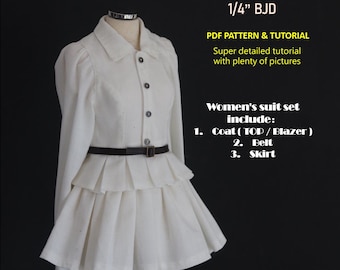 Cartamodello per bambola BJD 1/4: tailleur/cappotto/blazer/cintura/gonna da donna (cartamodello e tutorial in PDF)