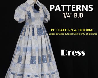May include: A light blue and white patchwork dress pattern for a 1/4" BJD doll. The dress has a white collar, short sleeves, and a ruffled hem. The image includes the text "PATTERNS 1/4" BJD", "PDF PATTERN & TUTORIAL", and "Dress".