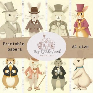 May include: Printable papers featuring illustrated anthropomorphic rabbits in formal attire, including suits, top hats, and bow ties. The image includes the text "Printable papers" and "A4 size". The logo "My Little Nook Designs" is also present.
