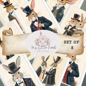 May include: Set of 8 watercolor illustrations featuring dapper rabbits in formal attire, including top hats and tuxedos. The illustrations have a vintage aesthetic, with a neutral color palette and the text "My Little Nook Designs".