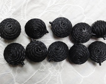 Vintage Black Buttons Shank Large Balls Textured Set of Ten DIY Sewing Supplies (10)