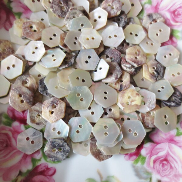 Mother Of Pearl Buttons Hexagon 2 Hole 12mm Natural Seashell Off White 1/2" Small Set of 36 MOP