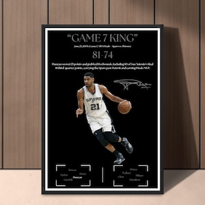 May include: Black framed poster featuring a basketball player in a Spurs uniform, dribbling a ball. The poster includes the text "GAME 7 KING" and game details. The score is 81-74. Player names are listed at the bottom.