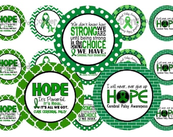 1" Cerebral Palsy Awareness Green Ribbon Bottle Cap Image Sheets Party Favors Cupcake Topper Magnet Stickers Printables Instant Download.